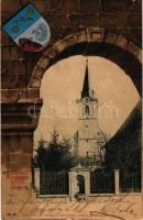 1902 Hollabrunn, Oberhollabrunn; Kirche. maximilian Jordan / church. Art Nouveau montage with coat of arms, litho (cut)