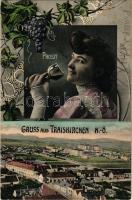 1910 Traiskirchen, prosit / Greeting montage with lady drinking wine, grapes