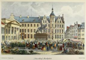 12 darab keretezhető nemesmásolat régi német városkép témájú metszetekről, 28x40 cm