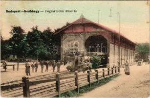 1917 Budapest XII. Svábhegy, Fogaskerekű vasútállomás, gőzmozdony, vonat (fa)