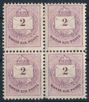 1881 2kr I. lemez, négyestömb, 11 1/2 fogazás, festékfoltok (7.800)