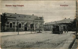 1913 Budapest XXII. Nagytétény, Községháza, kávéház, villamos (EK)