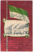 1907 Judenburg, Johann Steinachers Buchhandlung und Verlag / book printing shop. Art Nouveau litho, flag of Styria (wet damage)