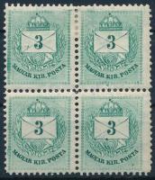 1881 3kr II. lemez, négyestömb, 11 1/2 fogazás, látványos festékfoltokkal, enyhén elfogazva (18.000) / 3kr plate II. block of 4, perforation 11 1/2, paint spots