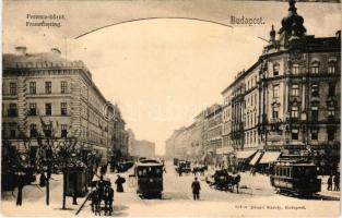 1903 Budapest IX. Ferenc körút, villamos, üzletek. Divald Károly 138. sz. + "BUDAPEST - BÉCS 1. SZ. A" vasúti mozgóposta bélyegző (EK)