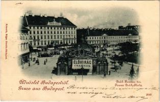 1899 (Vorläufer) Budapest V. Deák Ferenc tér, Reinisch Testvérek Élővirág csarnoka, Anker Udvar, Schlesinger S., Bretschneider Zsigmond és fia, Fischer Fani, Voglhut és Weil üzlete, Kereskedők és Iparosok Banktársasága, villamos (fa)