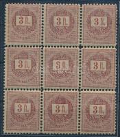 1888 Sztereo 3Ft 9-es tömb, a felső értékek képbe fogazva (126.000) (elvált fogak, apró foghibák) / Mi 40 block of 9, shifted perforation (aparted perfs, small perforation faults)