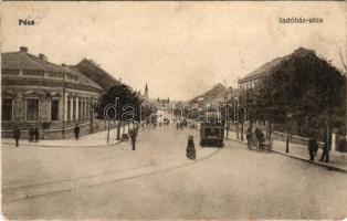 1921 Pécs, Indóház utca, vasútállomás, villamos. Karpf Berta kiadása (EK)