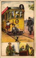 Rendőri Gyermekbíróság Segélyalap propagandalapja, 8-as villamos / Hungarian charity propaganda card against juvenile delinquency, tram s: Tábor (EK)