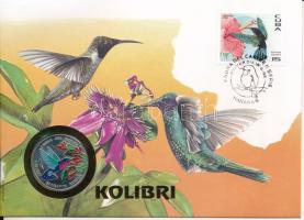 Kuba 1996. 1P Ni-acél "Fauna del Caribe - Kolibri - Garganta Rubi" érmés borítékban, bélyegzéssel, német nyelvű leírással T:UNC  Cuba 1996. 1 Peso Ni-Steel "Fauna del Caribe - Kolibri - Garganta Rubi" in envelope with stamp and cancellation, with german description C:UNC