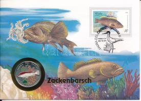 Kuba 1994. 10P Ni-acél "Fauna del Caribe - Mero Amarillo" érmés borítékban, bélyegzéssel, német nyelvű leírással T:UNC Cuba 1994. 10 Pesos "Fauna del Caribe - Yellow grouper - Mero Amarillo" in envelope with stamp and cancellation, with german description C:UNC