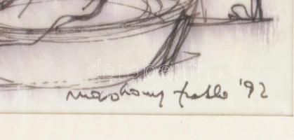 Macskássy Izolda (1945-2021): Gondolkodók, 1992. Vegyes technika, selyem, jelzett. Üvegezett fakeret...