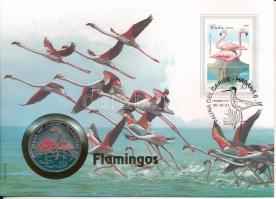 Kuba 1994. 10P Ni-acél &quot;Fauna del Caribe - Flamingó - Flamengos&quot; érmés borítékban, bélyegzéssel, német nyelvű leírással T:UNC Cuba 1994. 10 Pesos &quot;Fauna del Caribe - Flamingo&quot; in envelope with stamp and cancellation, with german description C:UNC Krause KM# 498