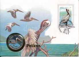 Kuba 1994. 10P Ni-acél "Fauna del Caribe - Pelikán - Pelicano Pardo" érmés borítékban, bélyegzéssel, német nyelvű leírással T:UNC Cuba 1994. 10 Pesos "Fauna del Caribe - Pelican - Pelicano Pardo" in envelope with stamp and cancellation, with german description C:UNC Krause KM# 497