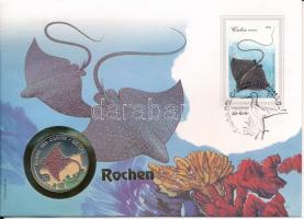 Kuba 1994. 10P Ni-acél "Fauna del Caribe - Foltos sasrája - Obispo" érmés borítékban, bélyegzéssel, német nyelvű leírással T:UNC Cuba 1994. 10 Pesos "Fauna del Caribe - Spotted Eagle Ray - Obispo" in envelope with stamp and cancellation, with german description C:UNC Krause KM# 460