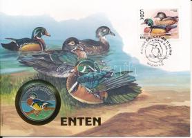 Kuba 1996. 10P Ni-acél &quot;Fauna del Caribe - Pato Huyuyo&quot; érmés borítékban, bélyegzéssel, német nyelvű leírással T:UNC Cuba 1996. 10 Pesos &quot;Fauna del Caribe - Pato Huyuyo&quot; in envelope with stamp and cancellation, with german description C:UNC