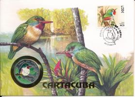 Kuba 1996. 10P Ni-acél "Fauna del Caribe - Cartacuba" érmés borítékban, bélyegzéssel, német nyelvű leírással T:UNC Cuba 1996. 10 Pesos "Fauna del Caribe - Cartacuba" in envelope with stamp and cancellation, with german description C:UNC