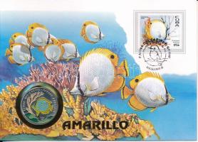 Kuba 1996. 10P Ni-acél "Fauna del Caribe - Parche Amarillo" érmés borítékban, bélyegzéssel, német nyelvű leírással T:UNC Cuba 1996. 10 Pesos "Fauna del Caribe - Parche Amarillo" in envelope with stamp and cancellation, with german description C:UNC