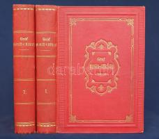 Dumas, [Alexandre] Sándor:  Gróf Monte-Christo. Regény. Írta Dumas Sándor. Franciából fordította Mártonffy Frigyes. I-II. kötet. [Teljes, két kötetben.] Budapest, 1878-1879. Mehner Vilmos (Rudnyánszky A. ny.) 1 t. (címkép) + 692 + [2] p. + 12 t.; 726 + [2] p. + 14 t. Alexandre Dumas (1802-1870) klasszikus kalandregénye a műfaj egyik legnagyobb, máig meghatározónak számító teljesítménye. A ,,Monte Cristo grófja" néven ismert történetfolyam valójában két szerző közös műve: a már befutott és valóságos írói műhelyt fenntartó Alexandre Dumas szerzőtársára, Auguste Maquet-re bízta a regény cselekményvázlatának kidolgozását, ám a munka nagyját, a jeleneteket és a párbeszédeket Dumas dolgozta ki. A mű eredeti nyelven először 1844-1846 között jelent meg, folytatásokban, és egyike a legtöbbször lefordított regényeknek. Magyar nyelven először 1861-1862-ben jelent meg, Veszprémben, Cholnoky László fordításában, hat kötetben, melyet két budapesti fordítás követett: a Rózsa Kálmán és Neje kiadónál megjelenő népies változat, ,,Monte-Christo grófnak csodás története. Igen szép és mulattató elbeszélés" címmel (1878), valamint a Mártonffy Frigyes által fordított, illusztrált, két kötetes változat (1878-1879). A kalandregény azóta is számos új fordításban, átdolgozásban és adaptálásban látott napvilágot; készült belőle film, filmsorozat, képregény, színdarab és musical; csupán a filmtörténet hét filmváltozatot ismer belőle. A második kötet három levelének szélén apró pótlás, néhány levélen apró szakadásnyom, néhány oldalon és táblán apró foltosság. Egységes, aranyozott, vaknyomásos korabeli egészvászon kötésben, aranyozott festésű lapszélekkel. Szép példány, nagyon ritka kiadás.