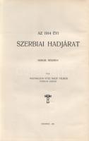 Nagy Vilmos, nagybaczoni vitéz:  Az 1914. évi szerbiai hadjárat három részben. I. Történelmi előzmények. II. A diplomácia küzdelme 1914 júliusában. [Egybekötve.] Budapest, 1930. Szerző (Csuvara Lajos ny.) [8] + 133 + [1] p.; IX + [3] + 211 + [1] p. Nagybaczoni Nagy Vilmos (1884-1976) vezérkari ezredes, hadtudós, az I. világháború és az azt követő politikai-katonai összeomlás frontjainak veteránja. Összesen három részből álló hadtudományi munkája 1930-1935 között készült el, az első két részt tartalmazó, önmagában is teljes példányunk a szerb-magyar viszony elmérgesedésének történetét széles, történeti és geopolitikai kontextusba ágyazza, második részében pedig megsüvegelendő alapossággal tárgyalja a királygyilkosság helyzetével súlyosbodó, hadüzenetebe torkolló nemzetközi diplomáciai bonyodalmakat. A harmadik, öt évvel később megjelent hiányzó rész ,,Hadműveletek 1-2" címmel a háborús folyamatot elemzi. Az első előzéken régi tulajdonosi bejegyzés. Aranyozott gerincű korabeli félvászon kötésben. Jó példány.