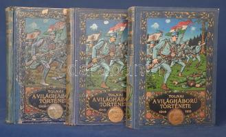 Tolnai: A világháború története 1914-1917. Diplomáciai okiratok, hivatalos jelentések, szemtanúk hiteles följegyzései és eredeti adatok nyomán írta Zigány Árpád. Több száz képpel, eredeti fölvételekkel és térképekkel. A Tolnai Világlapja ajándéka. I-III. kötet. Budapest, [1915-1917]. Magyar Kereskedelmi Közlöny Hírlap- és Könyvkiadóvállalat (Tolnai Világlapja ny.) 448 p.; 398 + [2] p.; 399 + [1] p. Első kiadás. Oldalszámozáson belül szövegközti és egész oldalas képekkel és rajzokkal, térképvázlatokkal rendkívül gazdagon illusztrált egykorú áttekintés. Az egykorú itt szigorúan értendő, hiszen a köteteket 1915, 1916 és az 1917. évben adták ki, a Tolnai Világlapja hazafias, ismeretterjesztő, díszes kiadású különmunkájaként. Az első előfizetési felhívásban (Tolnai Világlapja, 1915. májusi 27.) a kötetet még csupán két kötetesre tervezték, és az oldalfejlécekben csakúgy, mint a képaláírásokban kiválóan tanulmányozható a világháborús részvétel elfogulatlanságra egyáltalán nem törekvő szemlélete: ,,Mennek a katonák. Szép szál legények, derék magyar fiúk mennek a hazát megmenteni. Szemükben a lelkesedés lángja. Vígan, harci dalokat énekelve, a királyt, a hazát éltetve, lélekemelő diadalmenetben utaznak." ,,Hős honvédjeink szilaj rohammal zúdulnak neki az orosz lövészároknak, és szuronnyal, puskatussal verik ki a rablóhordát hazánk földjéről." ,,A kárpáti harcokban foglyul ejtett oroszok. Vad, sunyi pofák, melyeken meglátszik, hogy a gazdájuk minden alávalóságra és gaztettre képes." ,,A németek nagyszerű rohama kiverte sáncaikból az angol, belga és francia katonákat. A legkisebb fáradtság nélkül, vidáman lakoznak most a győztes vitézek a kivert ellenség helyén. Egyikük túláradó jókedvében meglovagolja a francia ágyút.". Mindhárom kötet rendkívül sok háborús anekdotát közöl, az első kötetben a háború nagyszerű hősi kalandnak ígérkezik, az első borúsabb jelek a harmadik, záró kötetben jelentkeznek, ahol egyes képaláírásokban már megmutatkozik a háborús pusztítások értelmetlensége. Propagandakiadvány lévén köteteinkben a német és osztrák-magyar hadsereg vereségeiről nem sok szó esik, a központi hatalmak a klasszikus kultúra őrzőiként tűnnek fel, ezen belül pedig a magyar hadsereg küldetése a körülöttünk elhelyezkedő, Nagy-Szerbiáról, Nagy-Romániáról álmodozó államok elleni igazságos, védekező harc. Hadi krónikánk szemlélete szerint az antant hatalmaiban a világ uzsorását, Angliát, a revansvággyal tüzelt, de meglepően kulturálatlan és fölkészületlen Franciaországot, és a pánszláv terjeszkedés agresszív államát, Oroszországot kell megismernünk, akik a német-osztrák-magyar seregek ellen a világ minden tájáról hoznak katonákat, Szenegálból, Indiából, kirgiz, baskír területekről, és saját katonáik előtt ágyútölteléknek használják gyarmati csapataikat. Mindenképpen emlékezetes a harmadik kötet egy képaláírása: ,,Angol páncélautó gépfegyverekkel. Esetlen, óriási géptömeg, mely lomhán, nehézkesen mozog, és nem nagyon vált be a flandriai harcokban." A légierő fegyvereinek méltatásának ugyanakkor a munka komoly figyelmet szentel, ahogyan a német (és kisebb részben a császári-királyi) katonai közigazgatás kulturális küldetésének is, miként az a 3. kötet egy képaláírásában olvasható: ,,Német iskola Brüsszelben. A ,,hunok és barbárok", ahogy a dühöngő entente-sajtó elnevezte a németeket, új kultúrát teremtenek az elpusztult helyébe, és a brüsszeli iskolában már német tisztek tanítják a belga gyerekeket." A szakmunka elvétve közöl az ellenfélről is meglepően emberi fényképeket, de az elegancia, a morál, a fegyelmezettség, a rátermettség világa a munka perspektívája szerint egyértelműen a központi hatalmak oldalán található. A világháború végkimenetelének ismeretében a képaláírások és a hangvétel mindenképpen groteszknek tűnik, ám megjegyzendő, hogy az ellenfél megbélyegzése és a saját hadak felmagasztalása, a tények torzítása, elhallgatása és az álhírek terjesztése valamennyi hadviselő fél sajtójának bevett eljárása volt. A szakmunkát a háború után, 1928-tól radikális átszerkesztés után 10 kötetes műként adták ki. Az első kötet címlapján és utolsó nyomtatott oldalán régi tulajdonosi bélyegzés. A második és harmadik kötet néhány oldalán aláhúzások, széljegyzetek, a harmadik kötet két ívének fűzése meglazult. Egységes, festett, aranyozott, vaknyomásos kiadói egészvászon kötésben, a harmadik kötet gerince sérült, hátsó kötéstáblája kopott.