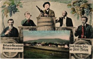1912 Bad Vöslau. Grüss aus / Art Nouveau montage with men drinking wine