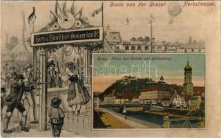 Graz, Gruss von der Grazer Herbstmesse! Franz Carl Brücke mit Schlossberg, Herz und Hand für's Steirerland! Offizielle Festkarte 2. Jof. Kienreich / autumn festival. Art Nouveau montage (r)