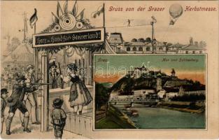 1907 Graz, Gruss von der Grazer Herbstmesse! Mur und Schlossberg, Herz und Hand für's Steirerland! Offizielle Festkarte 3. Jof. Kienreich / autumn festival. Art Nouveau montage