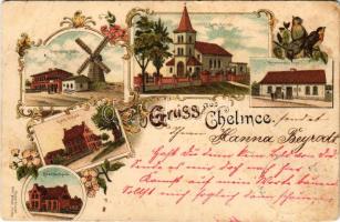 1900 Chelmce, Mühle, Kath. Kirche und Schule, Beamtenhaus, Kryszewski's Hotel. Kunstanstalt Otto Siede / mill, church and school, hotel, civil servants' house. Art Nouveau, floral, litho (EB)