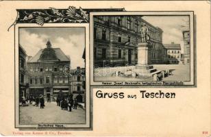 Cieszyn, Teschen; Deutsches Haus, Kaiser Josef Denkmal, Katolisches Pfarrgebäude / German house, statue, parish, Art Nouveau von Kutzer & Co. (EK)