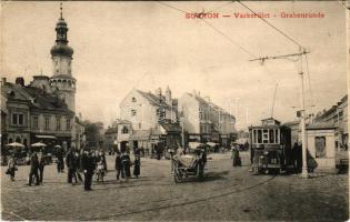 1909 Sopron, Várkerület, villamos, piac, Pollak Arnold üzlete (EB)