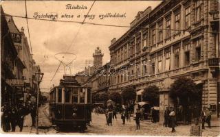 1913 Miskolc, Széchenyi utca a nagy szállodával, villamos, üzletek (EK)