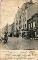 1914 Miskolc, Széchenyi utca, villamos, Boros Benő üzlete. Fodor Zoltán kiadása (ázott sarok / wet corner)