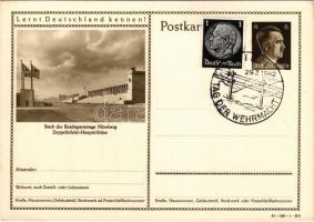 Lernt Deutschland kennen! Stadt der Reichsparteitag Nürnberg Zeppelinfeld-Haupttribüne + 6 Ga. / WWII German NSDAP Nazi propaganda, swastika flags + "TAG DER WEHRMACHT WIEN 29. 3. 1942" So. Stpl.