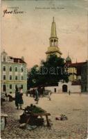 1909 Jarocin, Jarotschin; Partie mit der kath. Kirche / church, market, J. Oschinsky Hotel and retsaurant (fa)