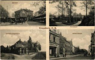 Kluczbork, Kreuzburg; Bahnhof, Promenade, Verwaltungsgebäude, Bahnhofstrasse, Conditorei & Café Hugo Thiele / railway station, street, confectionery and cafe shop, park (r)