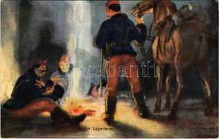 Am Lagerfeuer. Offizielle Karte für Rotes Kreuz, Kriegsfürsorgeamt, Kriegshilfsbüro Nr. 365. / WWI Austro-Hungarian K.u.K. military art postcard, hussars around the campfire s: J. v. Divéky