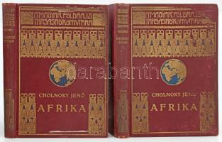 Cholnoky Jenő (1870-1950): Afrika I-II. kötet. Magyar Földrajzi Társaság könyvtára. Bp., [1930], Lampel R. (Wodianer F. és Fiai) Rt., 4+267 p.+1 (színes kihajtható térkép) t.; 4+1+268-488 p. +1 (színes kihajtható térkép) t. Gazdag fekete-fehér képanyaggal, és térképekkel illusztrált. Kiadói dúsan aranyozott egészvászon sorozatkötésben, kopott borítóval, foltos lapokkal.