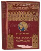 Stein Aurél (1862-1943): Nagy Sándor nyomában Indiába. Ford.: Halász Gyula. Magyar Földrajzi Társaság Könyvtára. Bp., [1931], Franklin, 1 t. (címkép)+183 p.+32 (kétoldalas fekete-fehér képtáblák). Két egészoldalas térképpel. Kiadói dúsan aranyozott egészvászon sorozatkötésben, kopott borítóval, foltos lapok.