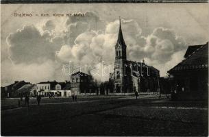 Grajewo, Kath. Kirche mit Markt / church and square (from booklet)