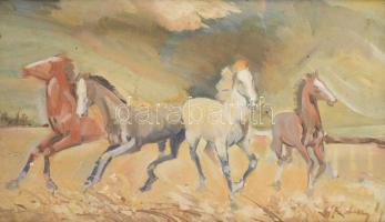 Cs. Pataj Mihály (1921-2008): Lovak, Olaj, farost, jelzett. Fakeretben kereten kis sérüléssel , 38x4...