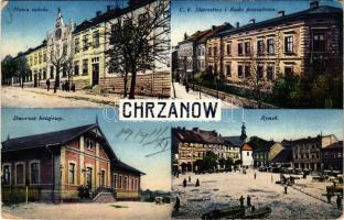 1917 Chrzanów, Nowa szkola, Dworzec kolejowy, Rynek, C.k. Starostwo i Rada powiatowa / new school, railway station, square, county hall, district council (EK)