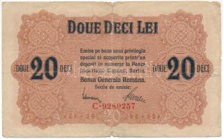 Románia / Német megszállás 1917. 20L, hátoldalán két felülbélyegzéssel, az egyik "Casa de Depuneri Consemnatiunisi Economie" T:F,VG beszakadások /  Romania / German occupation 1917. 20 Lei, with two overprints on the back, one of them is "Casa de Depuneri Consemnatiunisi Economie" C:F,VG tears Krause P#M5