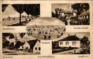 Balatonberény, Strand, fürdőzők, Erzsébet penzió, utca, Postahivatal (EK)