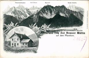 Corno di Fana, Pfannhorn (Südtirol); Gruss von der Bonner Hütte, Blick auf die Ampezzaner Dolomiten / mountain rest house. Art Nouveau floral (EK)