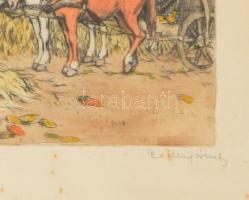 Csillag József (1894-1977): Kukoricatörés. Színezett rézkarc, papír, 21x28 cm Dekoratív fakeretben, ...