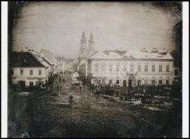 cca 1849 Pest, a Kálvin tér és a Kecskeméti utca torkolata, háttérben az Egyetemi templom, amelyben 1849. június 2-án országgyűlést is tartottak, korabeli dagerrotípiáról készült modern nagyítás, jelzés nélkül, 15x21 cm