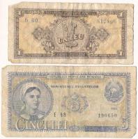 Románia 1952. 1L "kék sorszámmal" + 5L T:VG Romania 1952. 1 Leu "with blue serial number" + 5 Lei C:VG Krause P#81b, P#83