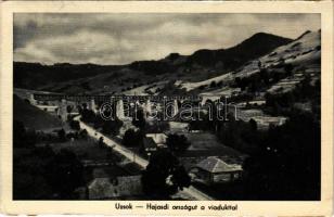 Uzsok, Uzok, Uzhok; Hajasdi országút a viadukttal, vasúti híd / street, railway bridge, viaduct (Rb)