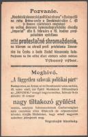cca 1918 Meghívó a Független Szlovák politikai párt buidapesti nagy tiltakozó gyűlésére Szlováki Cse...